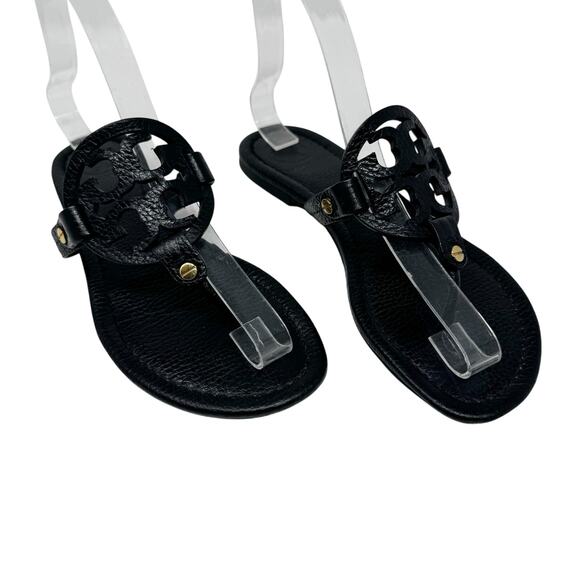 TORY BURCH Black Pebbled Leather Miller Sandals Slides Flip Flops Size 6.5 - Picture 1 of 9